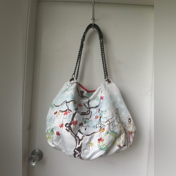 DSW Reversible Purse Bag Black Striped Lady Tree Walking Dog Couple Park Bench - Picture 2 of 13